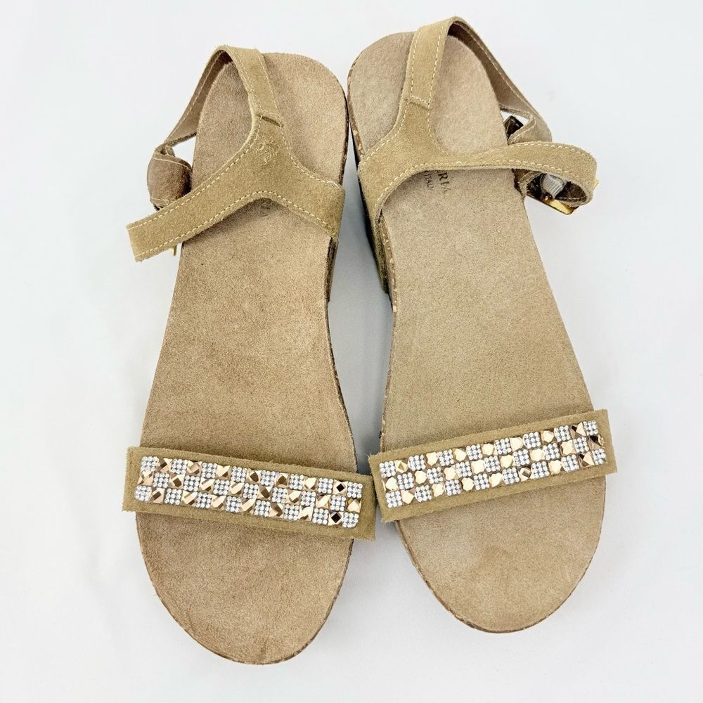 Antica Cuoieria Tan Suede Rhinestone Sparkle Open Toe
Cork Wedge Sandals